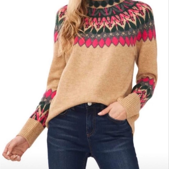 Vince Camuto Tan and Pink Fair Isle Sweater - Picture 1 of 7